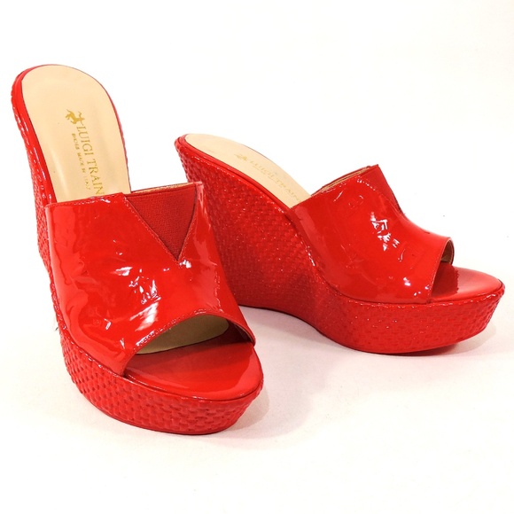 LUIGI TRAINI 🇮🇹 RED LEATHER COMFORT WEDGE MULES